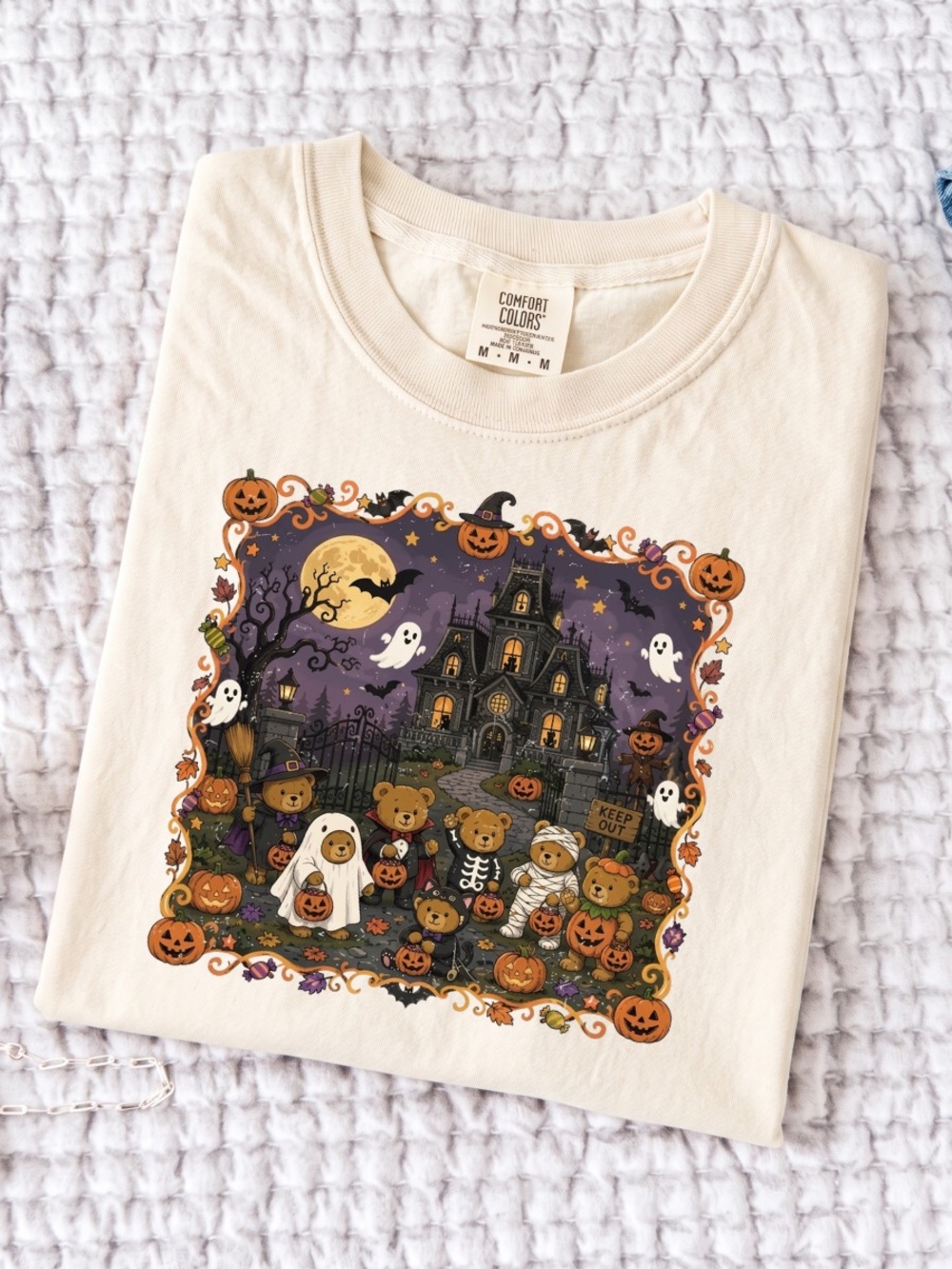 Comfort Colors Cream Halloween Teddy Bear Haunted House Tee
